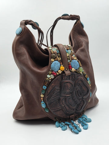 Vintage Cole Haan G Series Brown Leather Native American Style Large Hobo Bag