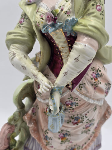 Antique 19th C German Dresden Style Porcelain Lady Figurine Bocage 16” Figure.