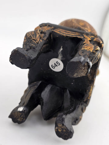 Pair Antique Carved Wood Heraldic Lions Bookends Fleur-de-Lis Shield Gold &Black