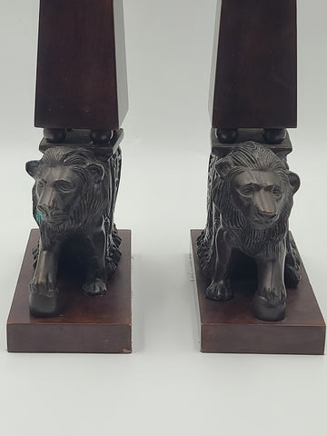 Rare 21" Wildwood Accents Bronze Lion Wood Obelisk Bookends Pair Neoclassical