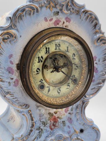 RARE ANTIQUE 19TH C ANSONIA HAND PAINTED PORCELAIN MANTLE CLOCK - WORKS. READ.