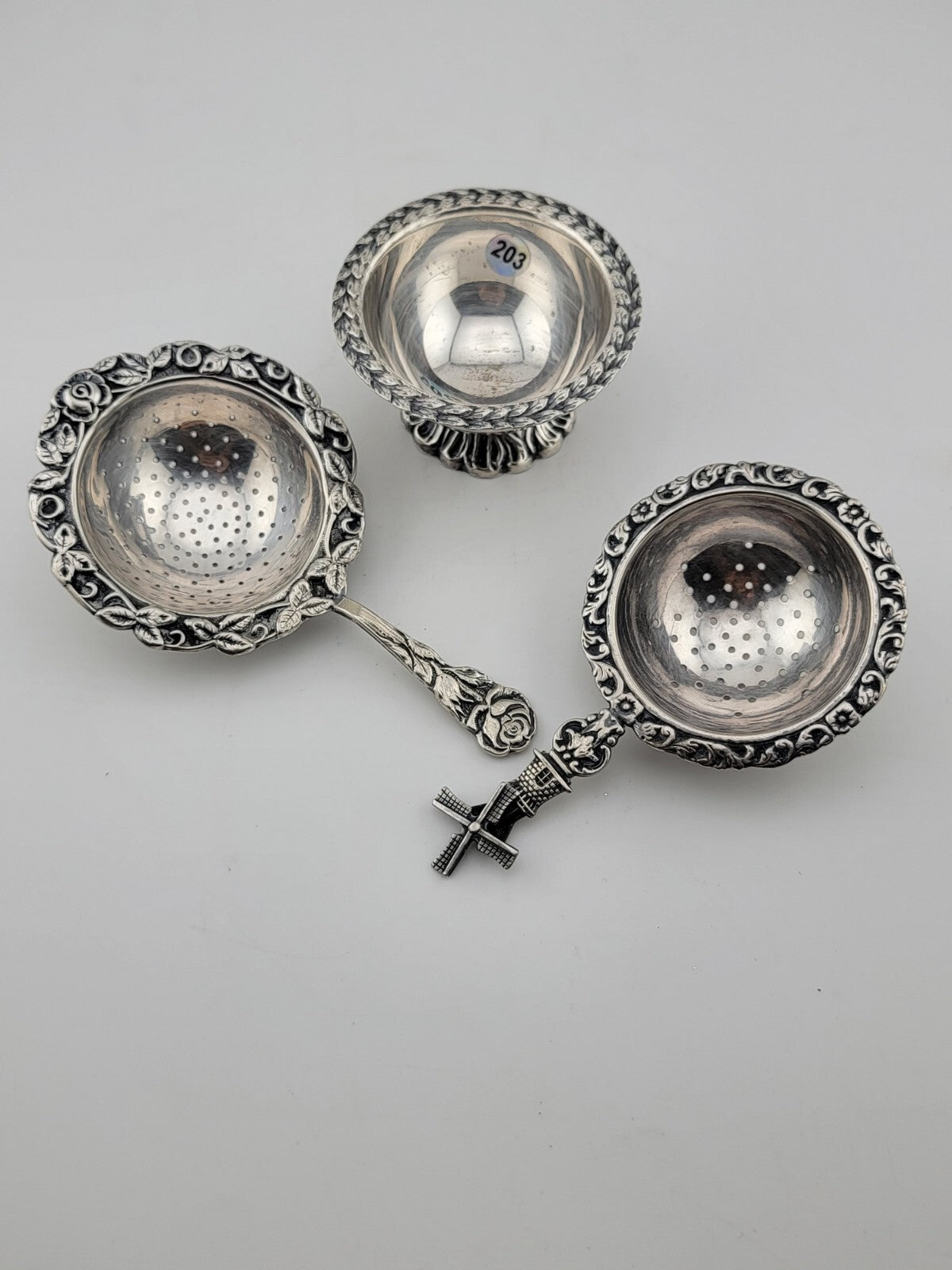 Rare Antique Silver 900 Dutch Loose Leaf Tea Strainers and Rest Dish Ornate