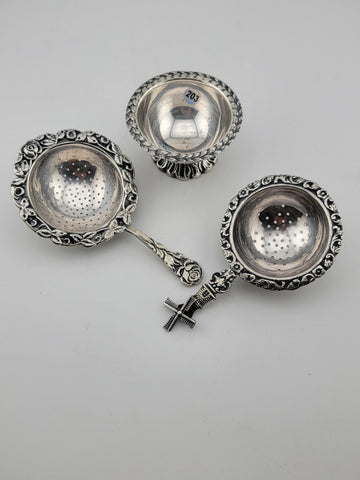 Rare Antique Silver 900 Dutch Loose Leaf Tea Strainers and Rest Dish Ornate