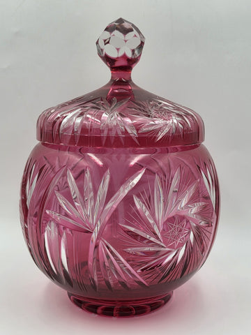 Rare 1940's Vtg Bohemian Cranberry Cut to Clear Crystal Punch Bowl Set w/13 Cups