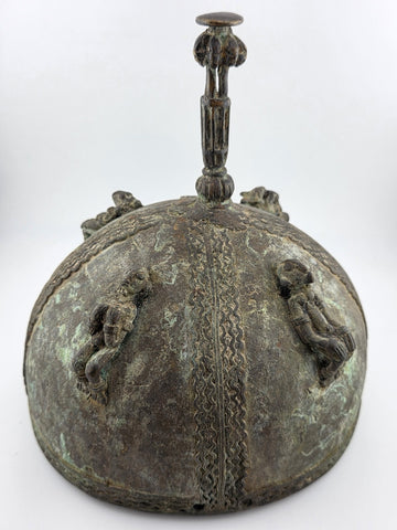 Early 20th C Luba Congo Bronze Ritual Vessel Lid w/ Figures African Tribal Art