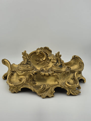 Antique 19th C French Louis XV Rococo Ornate Gilt Bronze Ormolu Inkwell Inkstand