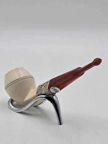 Antique Meerschaum Tobacco Pipe Sterling Silver Mount Cognac Amber Stem c.1890