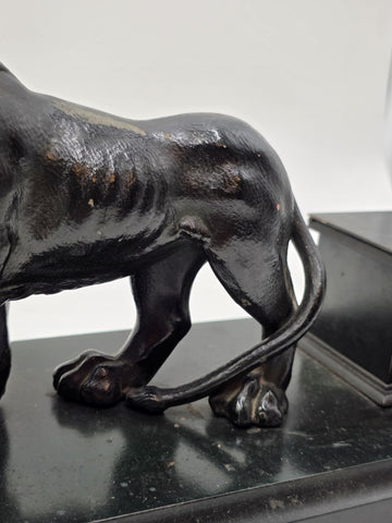 19th C Victorian Cast Iron Lion Double Inkwell Desk Set Antique Black Japanned.