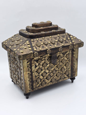 Rare Antique Moroccan Moorish Brass Studded Jewelry Chest Box Islamic Decor