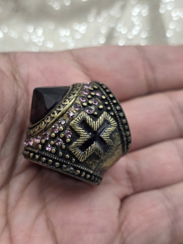 Rare Vintage Gothic Medieval Cross Ring Red Stone Rhinestone Statement Size 7.5