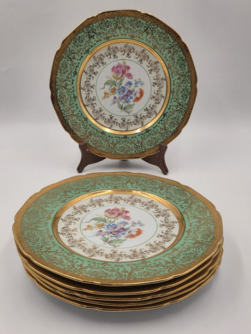Set Of 6 Vintage Le mieux China 24K Gold Trim Mint Green Floral Cabinet Plates