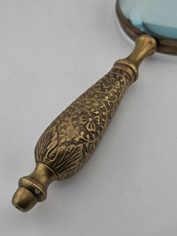 Vintage Mid Century Modern Brass Hand Held Magnify Glass W/ Ornate Handle.