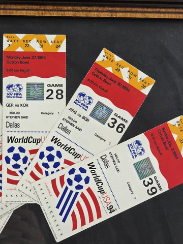 Rare Set 1994 FIFA World Cup USA Ticket Stubs + Coca Cola Pin Set Framed Display