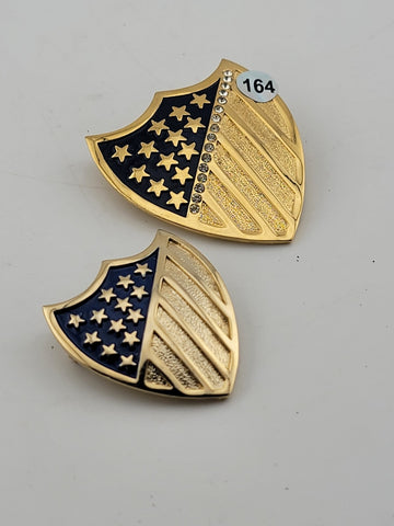Lot Of 2 Crest Shield 13 Stars &Stripes 16 Clear Rhinestones Vintage Gold Brooch