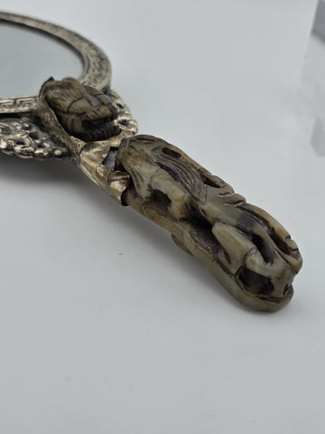 Rare Antique Chinese Ornate Jade and Silver  Carved Dragon Hand Mirror