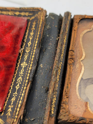 1860's Beautiful Lady Tin Type Fine Gutta Percha Deer Buck Hunter Pocket Frame