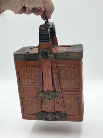 Antique Japanese Meiji Bamboo Picnic Basket Bento Box Woven Basket Complete Case