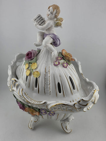 Antique Von Schierholz German Oval Reticulated Footed Bowl Lid & Figured Cherub