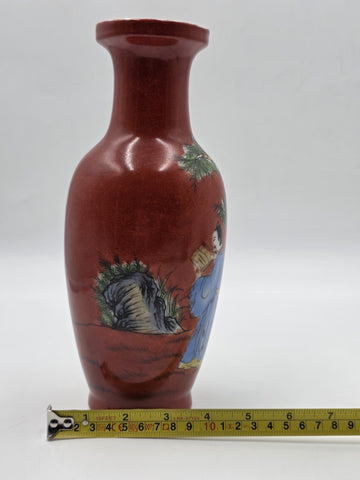 Antique Chinese Republic Famille Rose Coral Red Scholar Vase Qianlong Mark 10"