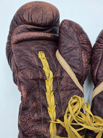 Antique 1950s Everlast 12oz Brown Leather Lace-Up Boxing Gloves Made in USA