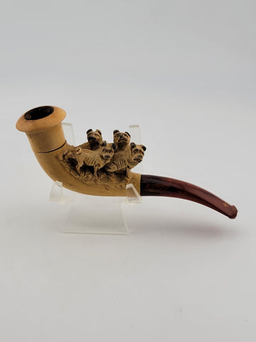 Antique 19th C 4 Pugs Meerschaum Pipe/ Cig. Holder W Amber Stem. Original Case.