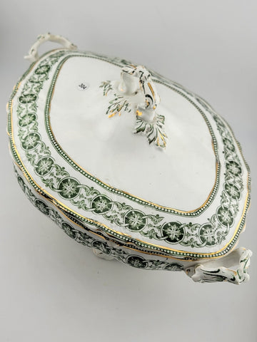 RARE BISHOP & STONIER ENGLAND RODEN GREEN COVERED TUREEN & LID 24K GOLD TRIM
