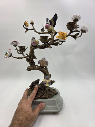 Vintage Celadon Cast Bronze Porcelain Birds Flowers Tree  Candle Holder Figurine