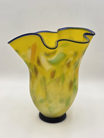 Vtg Azerbaijan Handblown Art Glass Vase Yellow Freeform Cobalt Rim Studio 11.5in