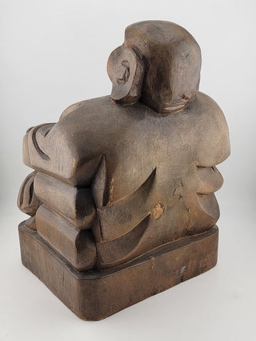 Vintage Large Hand Carved Solid Wooden LAUGHING BUDDHA Holding Bag Of Money 10”