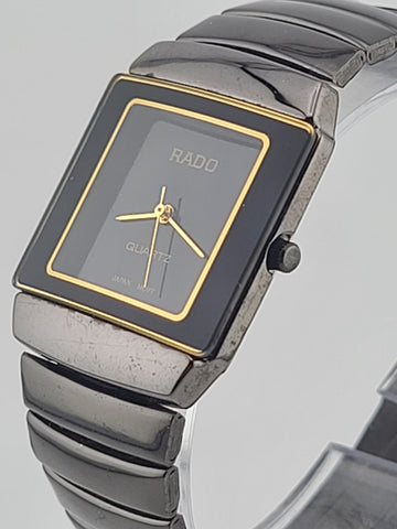 Vintage Rado Rectangular Quartz Watch Black Dial Gold Trim Swiss Design. Works.