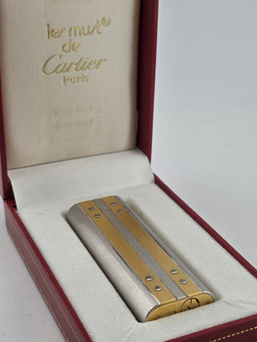 MUST DE CARTIER Santos Rivets Oval Two-Tone Silver/Gold LIGHTER W Box. Works.