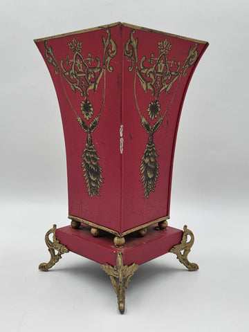 Antique 1940 Hollywood Regency Red Gold Toleware Planter Cachepot Louis XV Style