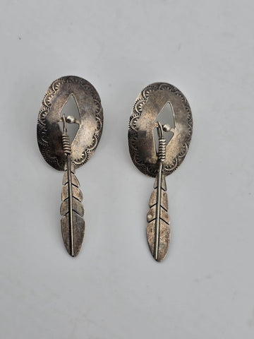 Antique Native American 925 Sterling Silver Earrings Concho Feather Dangle