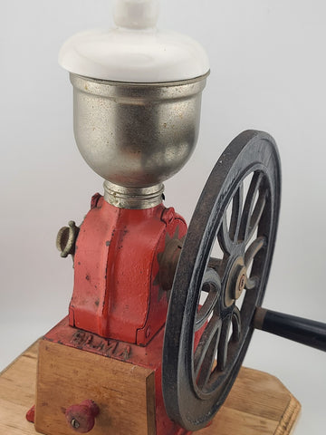 Vintage Elma Big Wheel Coffee Mill Grinder Cast Iron Wheel Mounted On Wood Base