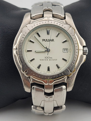 PULSAR Men's Silver Tone Stainless Steel White Dial Quartz WATCH V372-0240 Works