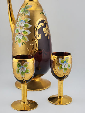 Vintage Murano Italy Ruby Red & Gold handpainted W Roses Decanter & 2 Glasses