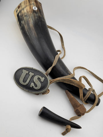 Original Pre-WW1 US Military Large Black Powder Horn & Belt Buckle