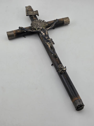 Antique 19th C Crucifix Metal Jesus On Wood Cross W Rare Tips Memento Mori Skull