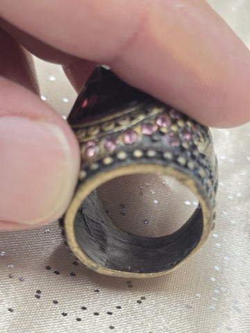Rare Vintage Gothic Medieval Cross Ring Red Stone Rhinestone Statement Size 7.5