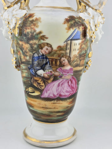Antique 19thC Hand Painted Porcelain Vase Romantic Scene Gold Gilt Paris Style