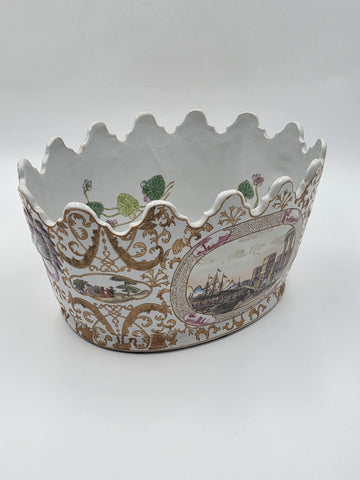 Chinese Export Porcelain Jardiniere C 1920 European Harbor Scene Gilt Cachepot