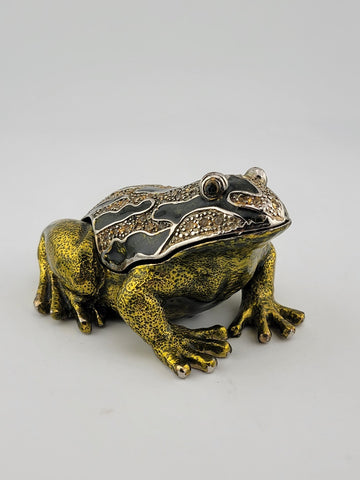 Black & Green Enamel Frog Trinket Box - Jeweled Gold Tone w/ Magnetic Closure