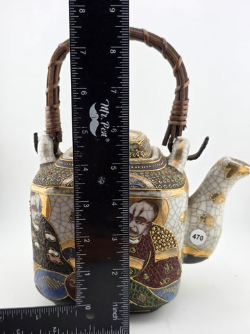 Vintage Satsuma Japanese Samurai Hand painted Teapot Wicker Handle W Lid.