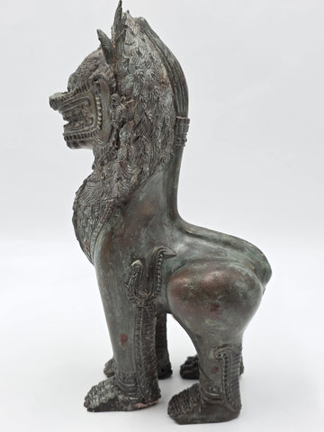 Rare Antique Thai Burmese Bronze Singha Temple Guardian Lion Statue 11" Tall.