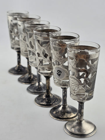 SET Of 6 MID-CENTURY MEXICO STERLING SILVER 3.5" PIERCED CORDIALS, GLASS LINERS