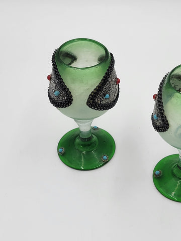 Gorgeous Vintage One Of A Kind Green Emerald Highly Ornate Pitcher & 5 Glasses