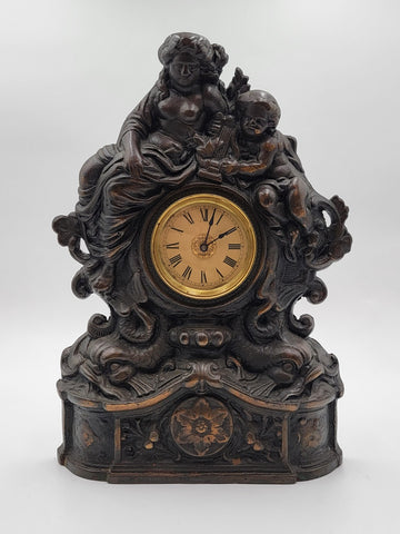 Working Large 18" Antique Cast Iron & Copper Mantle Clock Cherubs & Harps c.1906