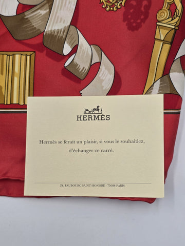 Vintage Authentic HERMES Paris 90 cm “Copeaux” Red Gold 100% Silk Scarf W Box.