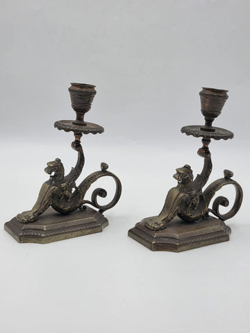 Antique Pair Solid Bronze Griffin Candlesticks Renaissance Revival Winged Lions