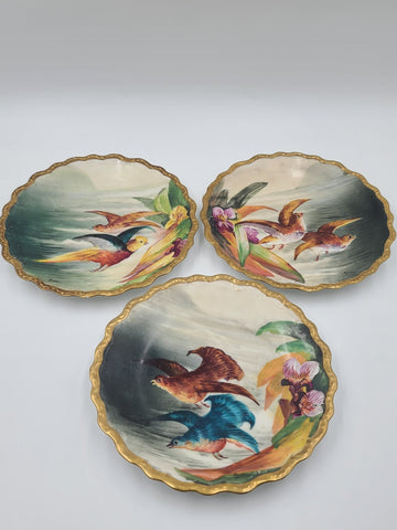 SET OF 3 ANTIQUE LIMOGES FRANCE LRL HAND PAINTED BIRDS CABINET PLATE SIGNED